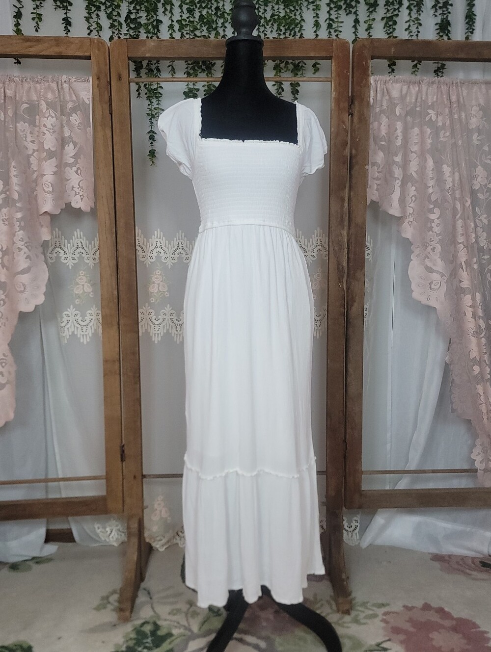 White Smocked Midi Dress with Puff Sleeves | Cottagecore Boho Indie Festival - Picture 3 of 11